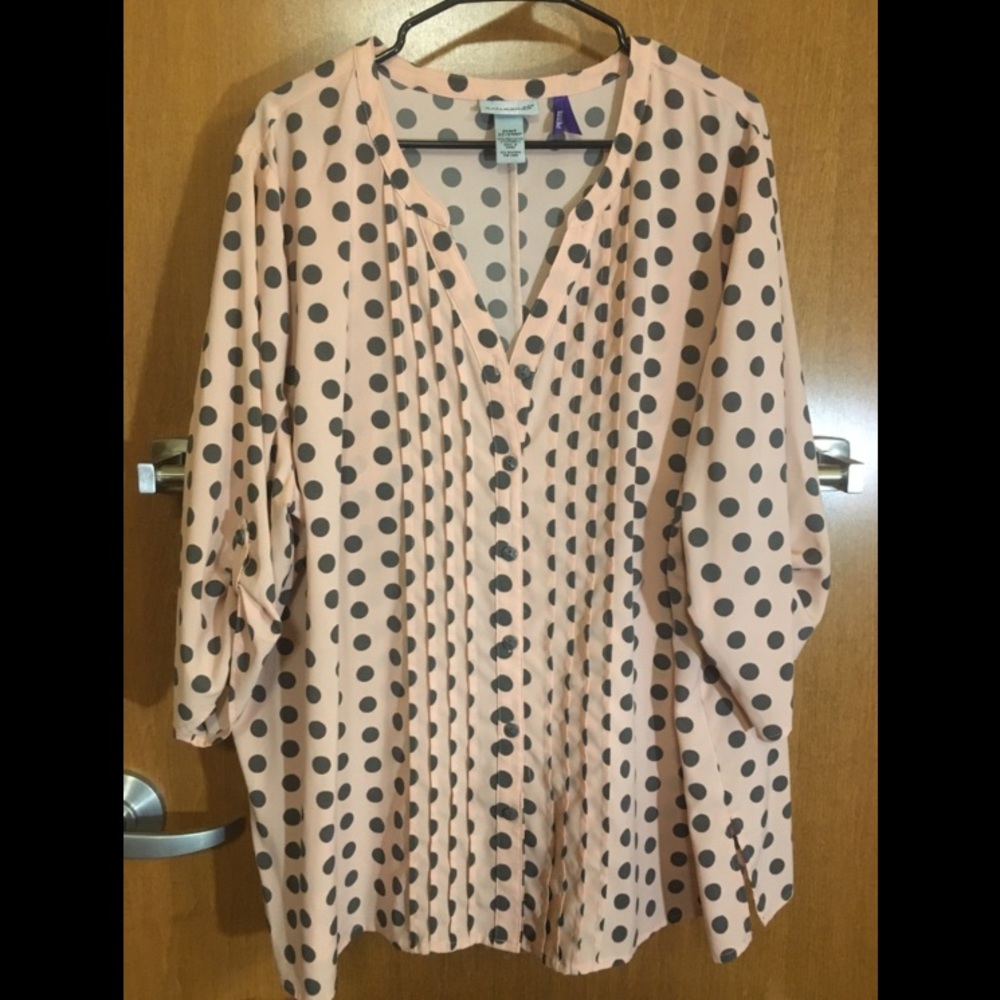 Light pink blouse with black/charcoal polka dots